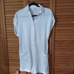 L Space White Waffle Cap Sleeve Patch Pockets Button Up Swim Cover Up Romper SP